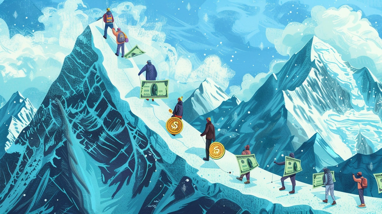 Illustration of hikers hauling money up a snowy mountain